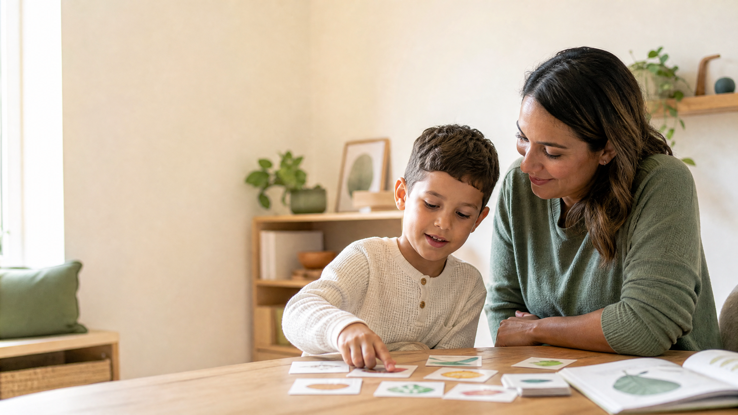 A caregiver and clinician reviewing a developmental activity together.